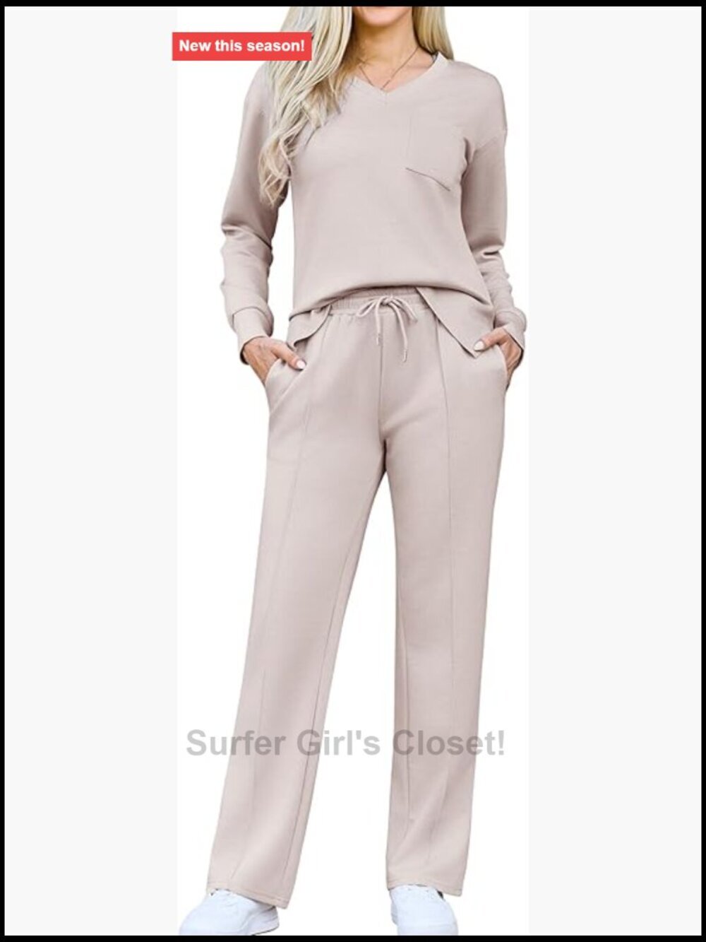 Womens 2 Piece Lounge Set V-Neck Top Wide Leg Pants Matching Travel Outfits